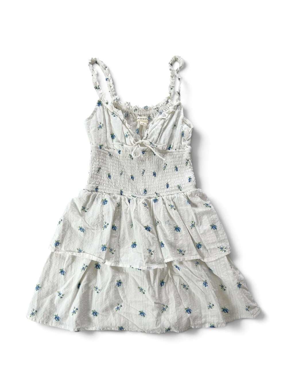 White Mini Cottage Sundress with Whimsical Blue Floral Print